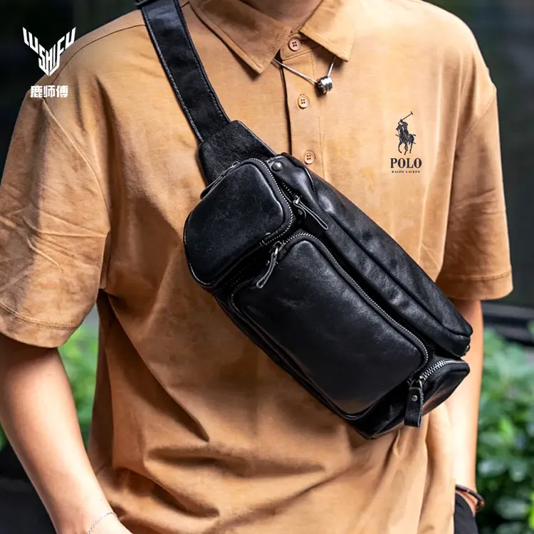 鹿师傅腰包胸包意大利进口牛皮时尚百搭男朋友斜挎包单肩包男士
