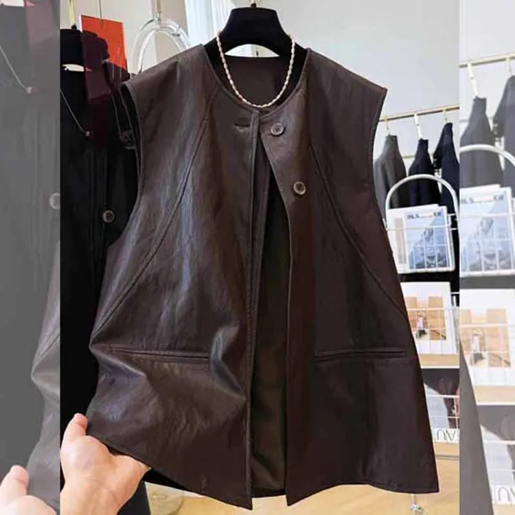 港风复古春秋季新款圆领无袖皮马夹女高级感大码叠穿宽松马甲外套