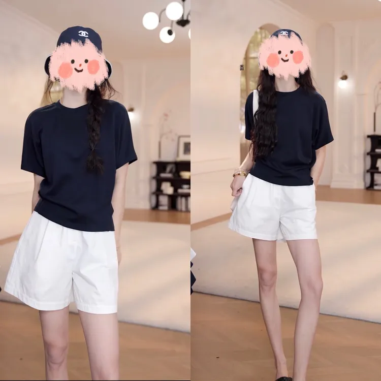 夏季显瘦藏蓝色短袖日常休闲高腰短裤两件套