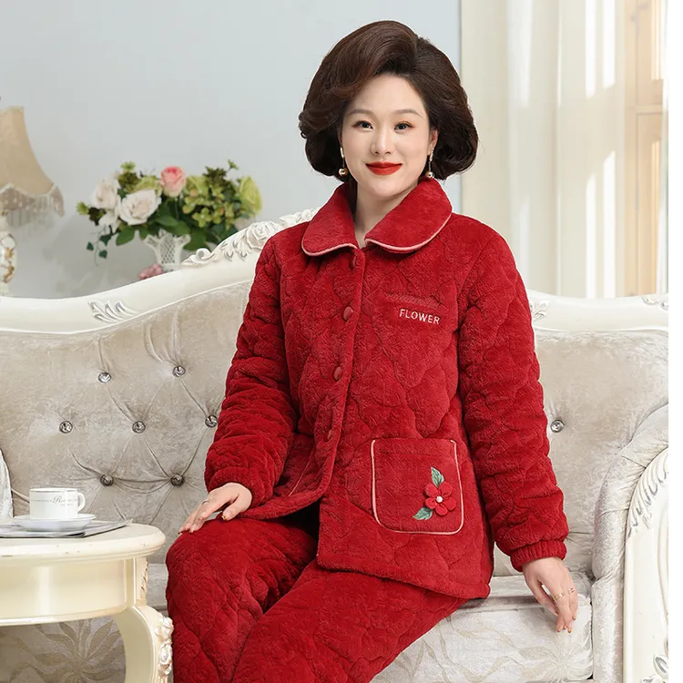冬季中老年睡衣女珊瑚绒三层夹棉加厚加绒奶奶套装老人保暖家居服