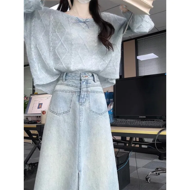 韩系气质穿搭宽松针织衫上衣搭配开叉设计感高腰半身裙女两件套装
