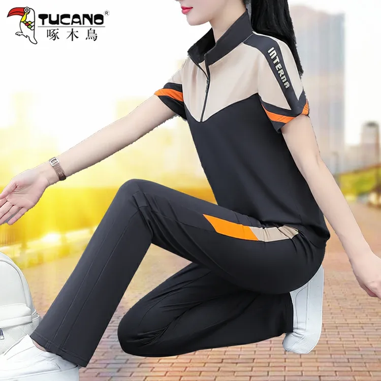 啄木鸟休闲运动服套装女士2025夏季新款时尚洋气妈妈装两件套