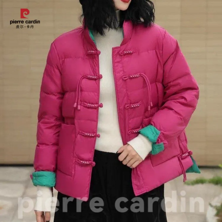 皮尔卡丹复古新中式国风羽绒服女盘扣短款轻薄款白鸭绒宽松面包服