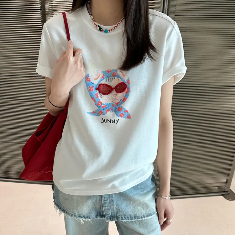 M77Y3正品A77067头巾小猫印花T恤衫女2025夏短袖圆领显瘦钉珠上衣