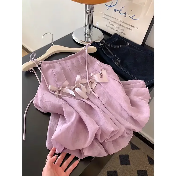 粉紫色蝴蝶结吊带背心女2025夏季新款设计感小众独特别致蓬蓬上衣