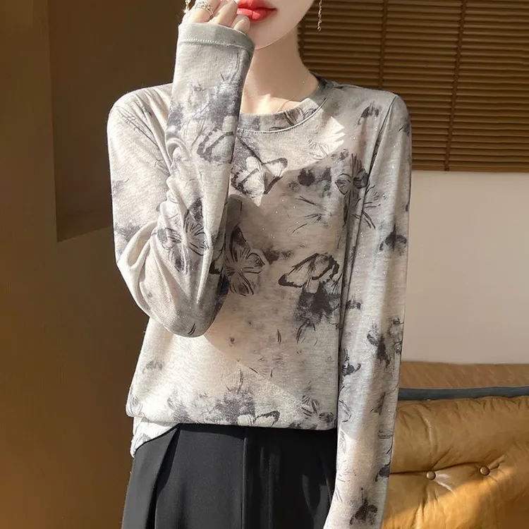 哥弟阿玛施正品春夏圆领莱赛尔天丝套头打底T恤女宽松印花长袖休