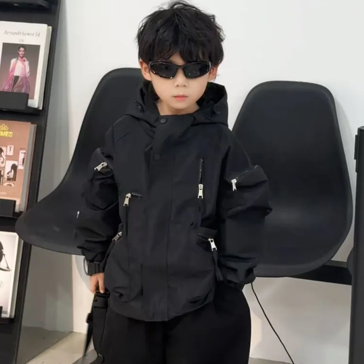 【keykey】多口袋重工冲锋衣 黑色潮酷韩版男童外套衣服童装秋款