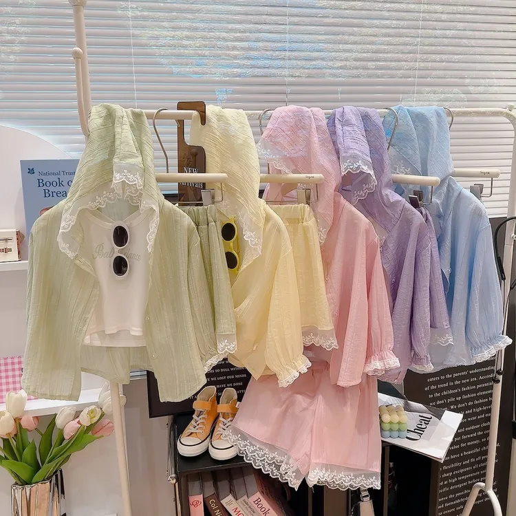 女童花边防晒帽衫短裤套装儿童夏装防晒童装【三件套】