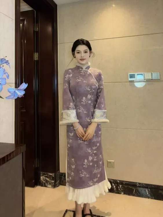 球球夫人｜紫萱）116-118cm冬季加绒单层长袖后拉链紫色气质旗袍