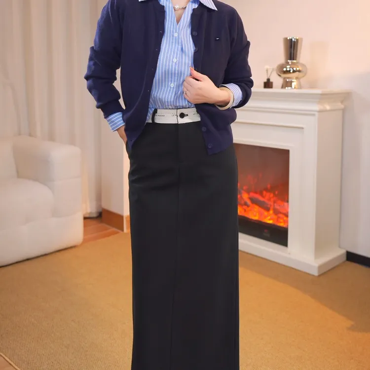 秋冬毛呢半身裙气质百搭极简时尚显瘦开叉高腰休闲中长款2528