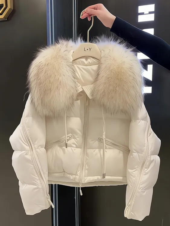 白色大毛领短款拉链棉服外套女2025冬季时髦设计感保暖加厚面包服