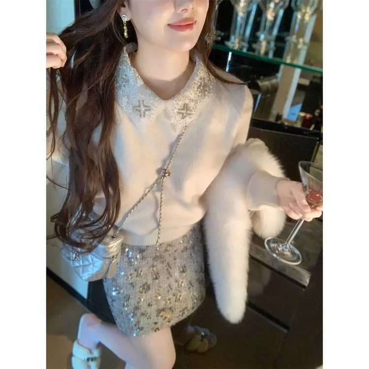 2026秋冬新款小香风外穿网红针织高级韩版镶钻翻领蕾丝衬衫女上衣