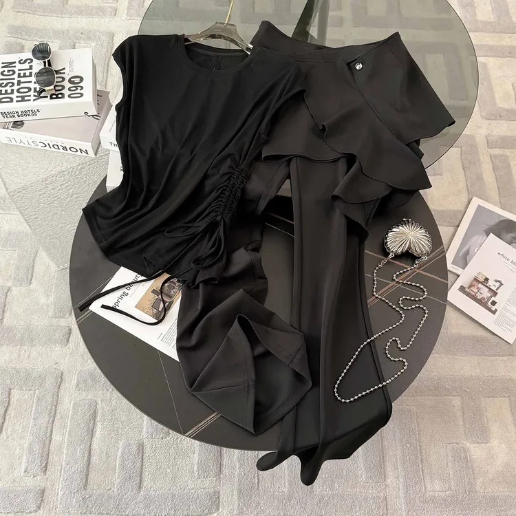 韩版时尚气质套装女夏新款知性气质圆领短袖假两件上衣长裤两件套