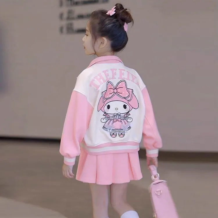 女童洋气美乐蒂棒球服套装春秋2025新款女孩百褶裙外套时尚三件套