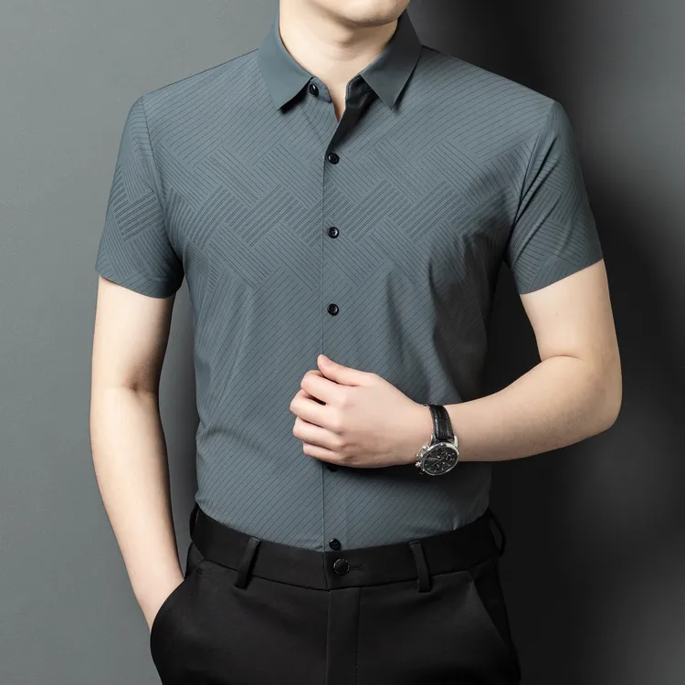 保罗夏季男士凉感透气衬衫短袖夏季格纹遮肚显瘦翻领半袖上衣