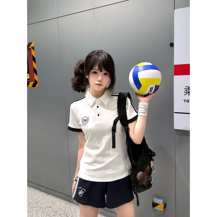 美式正肩翻领短袖t恤女夏季新款运动polo衫学院风宽松休闲上衣潮