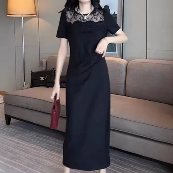 夏季新款洋气显瘦黑色收腰蕾丝拼接短袖连衣裙时尚百搭减龄女裙子