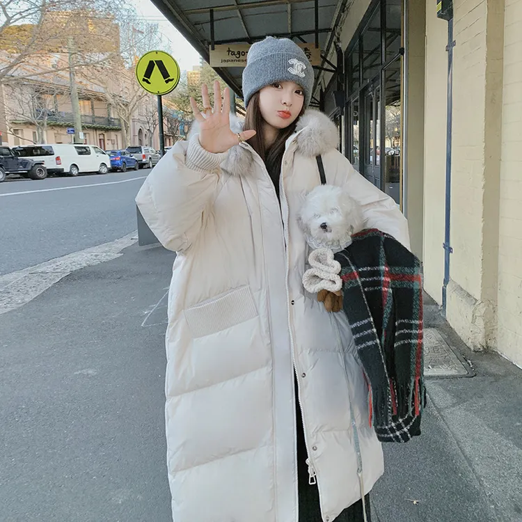 狐狸毛领羽绒服长款女冬季2025新款韩版休闲洋气连帽白鸭绒厚外套