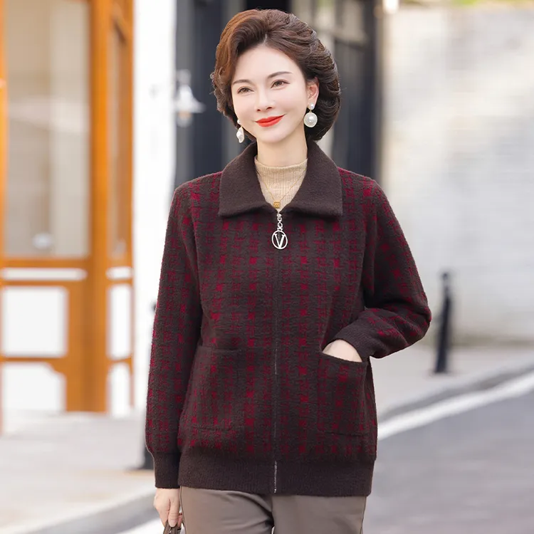 中老年女装中老年千鸟格毛呢外套秋装女装中老年秋季拉链开衫短款