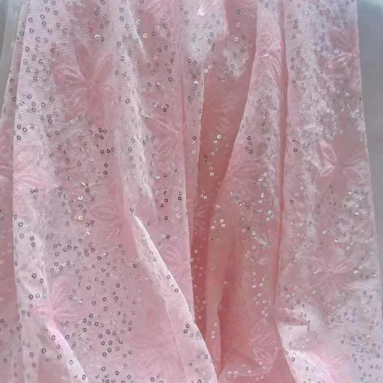 粉色底彩色亮片刺绣网纱礼服婚纱手工diy