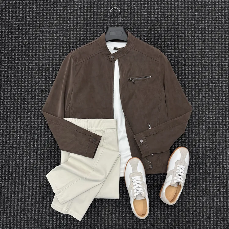 美式休闲立领皮衣短款秋季多口袋男士美拉德复古痞帅机车夹克外套