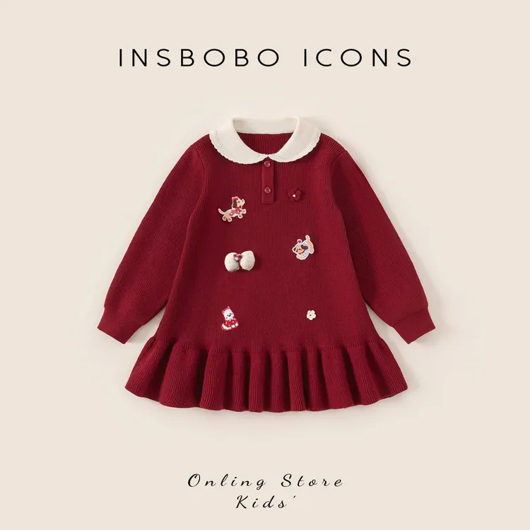 INSbobo女童娃娃领连衣裙冬季洋气可爱绣标装饰毛衣连衣裙DQ25388