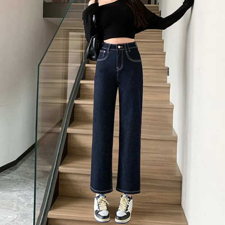 深蓝色窄版直筒裤女2025年新款小个子秋装高腰显瘦九分阔腿牛仔裤