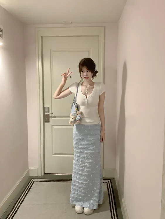 辣妹纯欲风性感桃心领短袖层次感木耳边半身裙长款包臀蛋糕裙套装