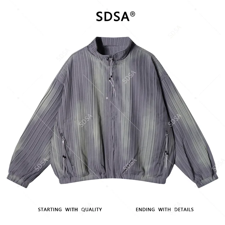 SDSA男士秋冬新款痞帅男装立领拉链夹克时尚条纹痞帅压皱外套上衣