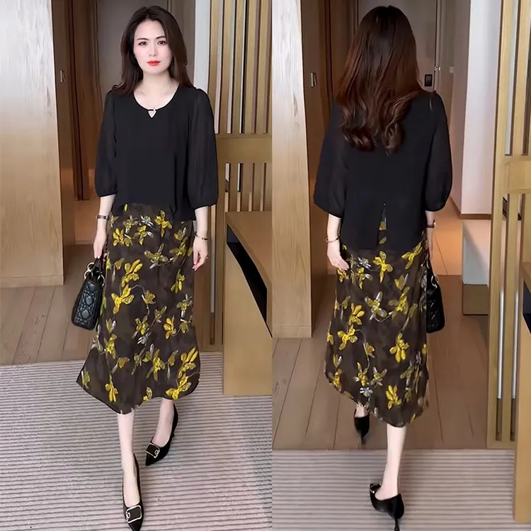 雪纺连衣裙女2025夏季新款时尚洋气中长裙假两件显瘦遮肚碎花裙子