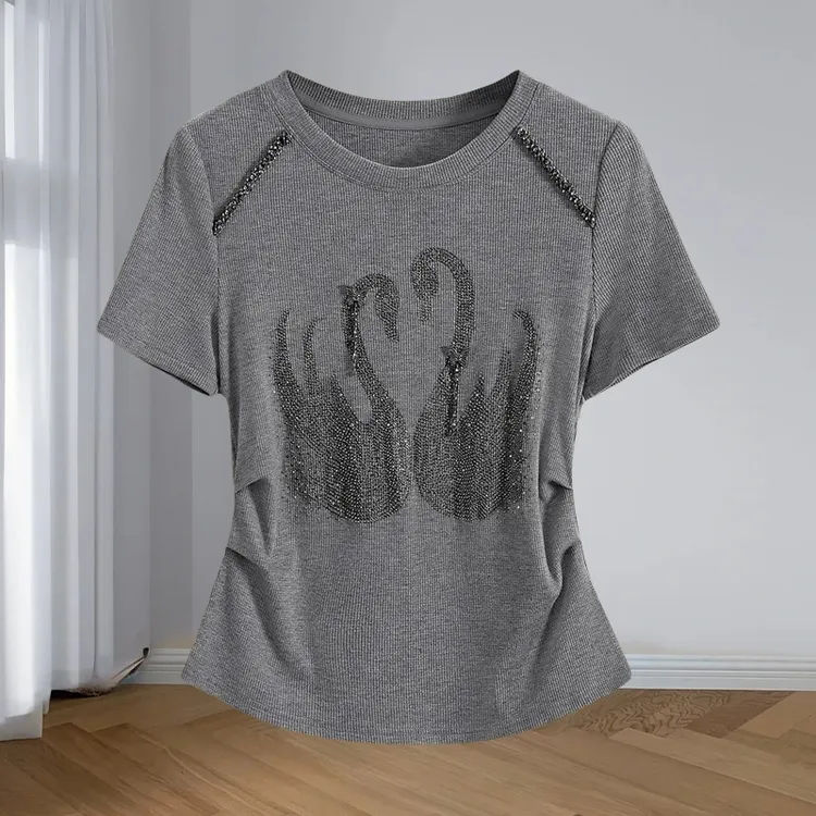 2025夏季新款时尚洋气灰色女重工烫钻纯棉短袖T恤捏褶显瘦上衣女