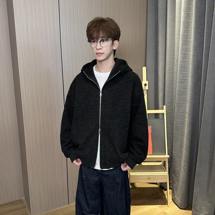 MANRE SHOW秋季羊绒混纺毛呢开衫夹克连帽宽松百搭外套情侣装潮流