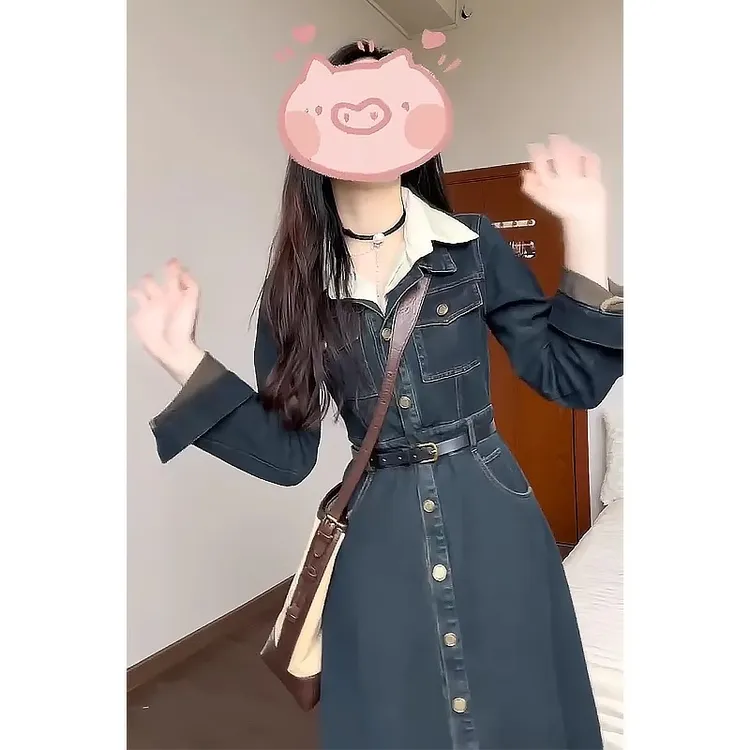 春季流行穿搭牛仔连衣裙女大码复古港风高级感气质收腰显瘦长裙子