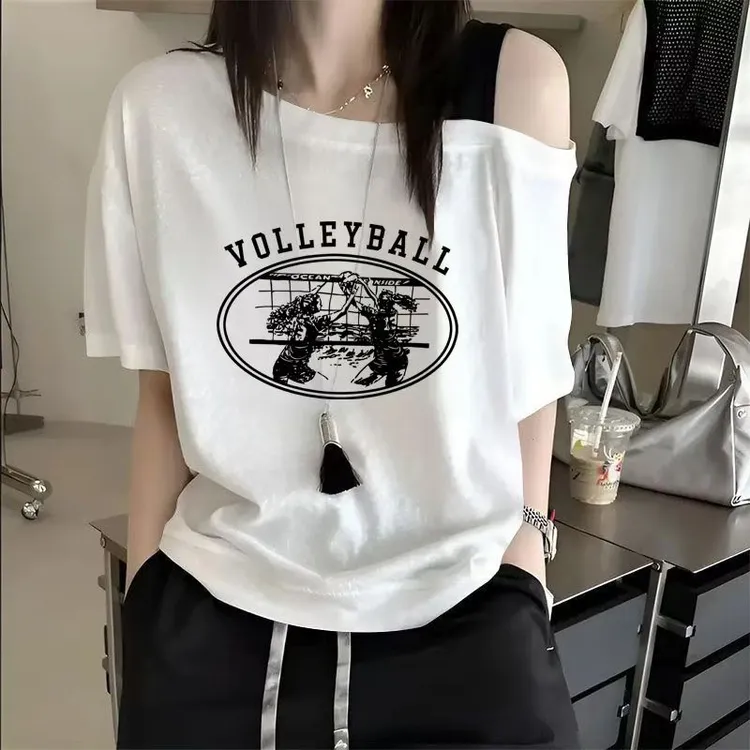 颖丽服饰-【圆圈】冰棉短袖常规印花斜肩T恤夏季-668