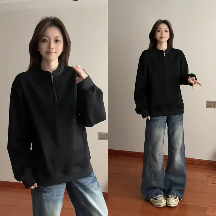 半拉链卫衣男冬季加绒加厚大码内搭保暖打底衫美式复古高级感外套