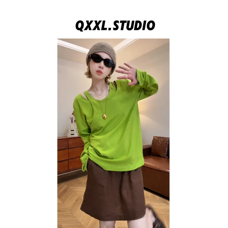 邱小小丽呀 早秋小心机设计长袖T恤女小众别致纯色修身打底上衣