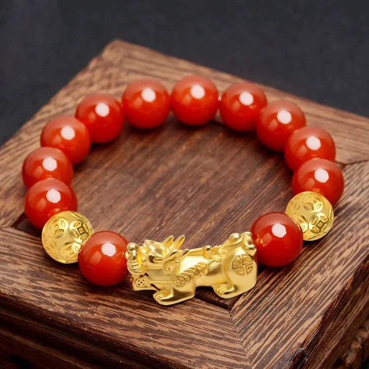 正品红玛瑙珠沙镀金貔貅手链男女招财手串送女友送爱人生日礼物