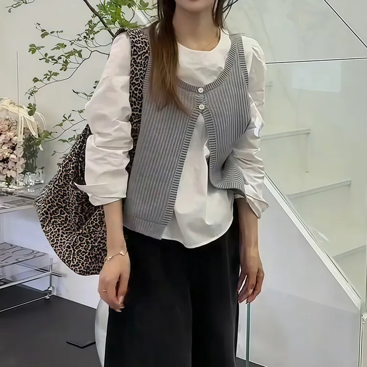 韩系减龄针织衫马甲叠穿圆领宽松衬衫女2025秋季新款简约洋气套装