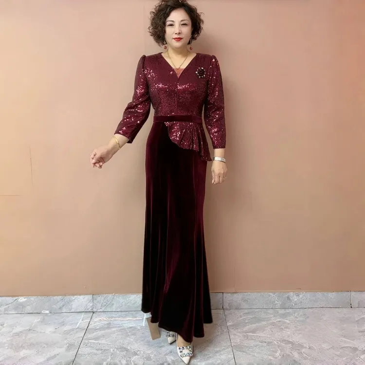 高端气质喜婆婆结婚礼服年轻妈妈金丝绒连衣裙洋气鱼尾晚礼服长裙