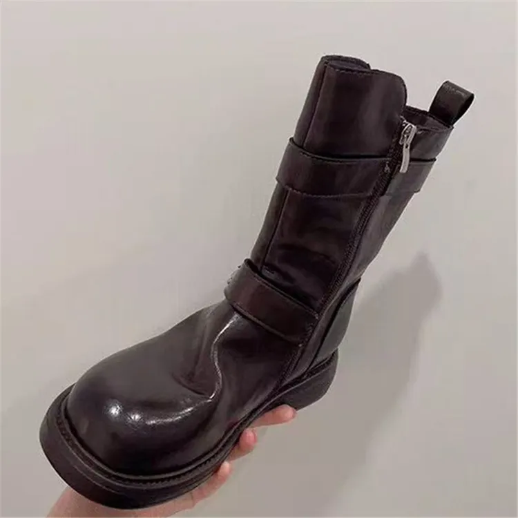 粗跟英伦风马丁靴女2025秋冬季新款皱皱骑士靴机车靴中筒靴短靴