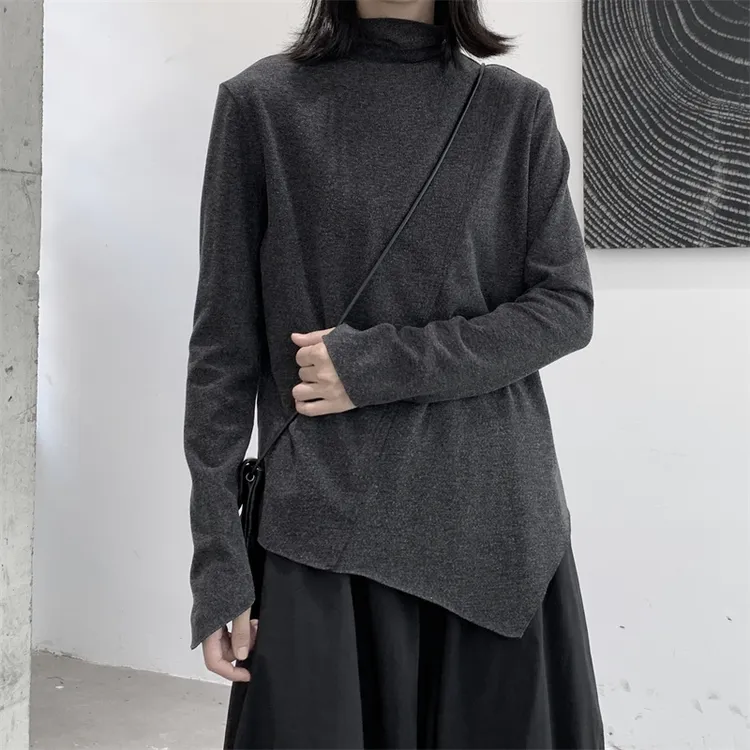 暗黑不规则设计高领磨毛打底衫女堆堆领时尚宽松休闲T恤女秋冬