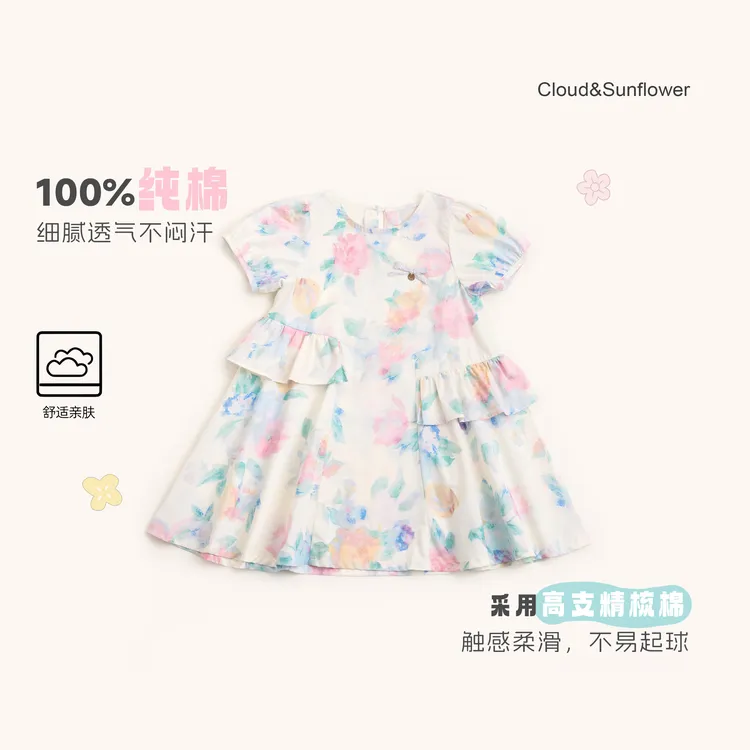 【云朵小葵】女童夏季新款轻薄金标彩绘花朵纯棉泡泡袖连衣裙991291