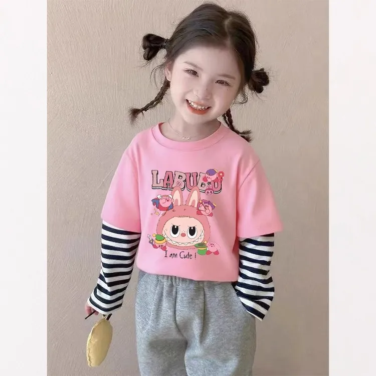 纯棉女童长袖t恤春秋2025新款儿童休闲假两件百搭打底衫潮