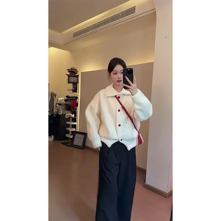 韩系慵懒风高领白色针织开衫女秋冬新款纽扣毛衣外套上衣宽松裤子