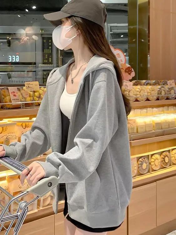 【有5到8元运补】宽松大版卫衣女中长款连帽拉链开衫外套美式大码灰