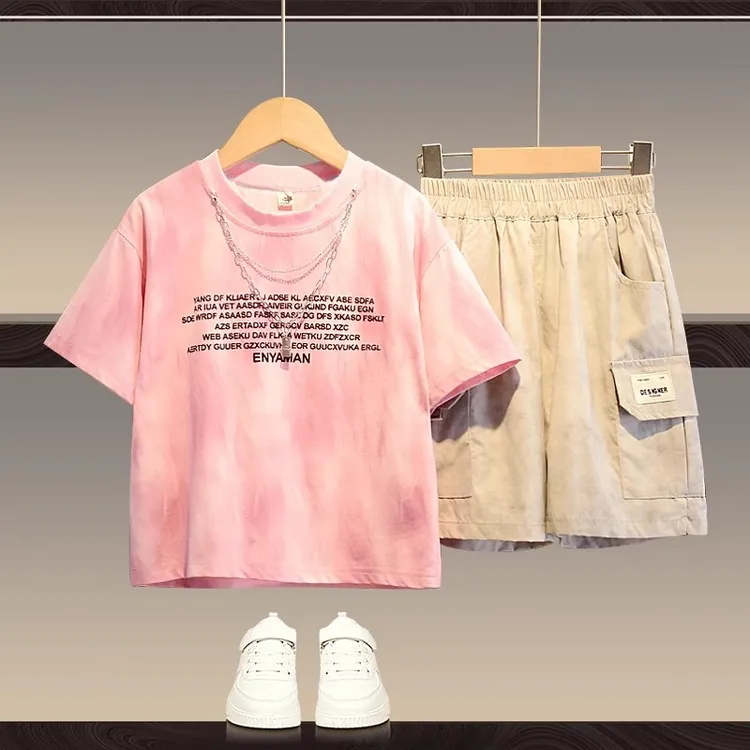 项链扎染字母印花短袖T恤纯棉2025夏季新款儿童个性T恤上衣宽松潮