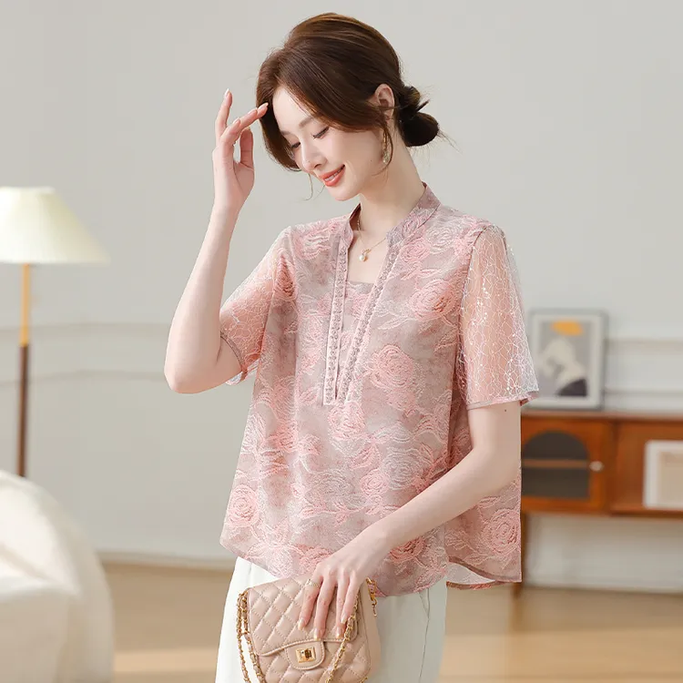 中年妈妈夏装洋气气质短袖40岁50新款中老年女装夏季高贵大码上衣
