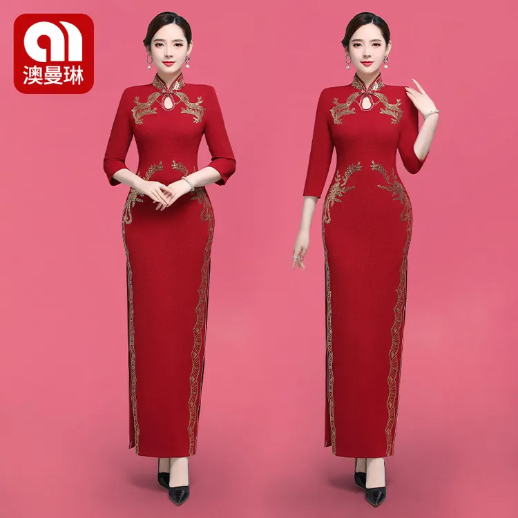 澳曼琳中国风旗袍金丝刺绣新款修身显瘦免烫优雅走秀红色复古高档