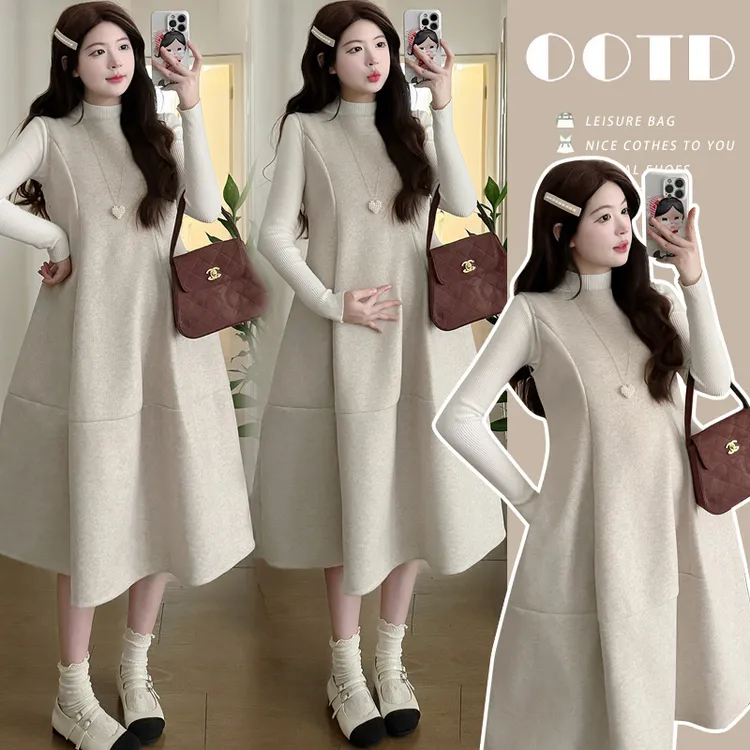 2025年孕妇装秋冬款收腰毛呢背心连衣裙两件套装宽松打底时尚