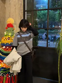 BY SUCHEN 100%羊毛设计感撞色假两件彩点立领毛衣